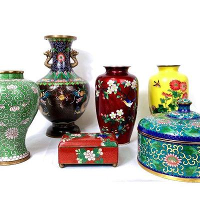 JOSW965 Vintage Asian CloisonnÃ© Collection	Round enamel Chinese cloisonnÃ© lidded dish with water lily motif. Â Dragon vase motif vase...