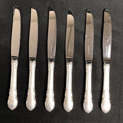 MAHA514 Sterling Victorian Lunt Flatware Knives	Set of 6 sterling flame wear dinner knives. They are stamped LUNT STERLING HANDLE...