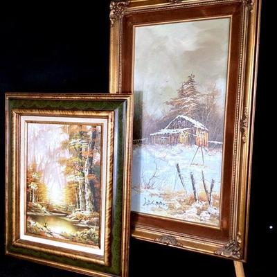 JSHI917 Vintage Artistic Interiors, Oil Paintings	Circa 1970 wooden easel attatched to oil painting - unknown signature. Â Schiller oil...