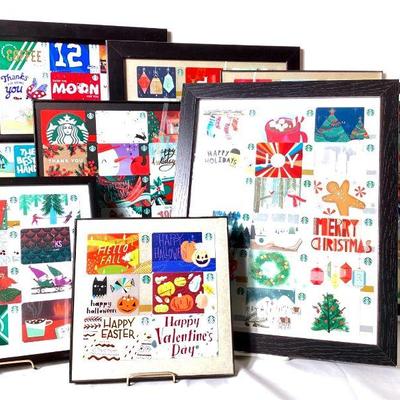 JOSW907 Framed Starbucks Gift Card Collection	9 black frames full of Starbucks gift cards. Cards have NO dollar amounts on them. They...