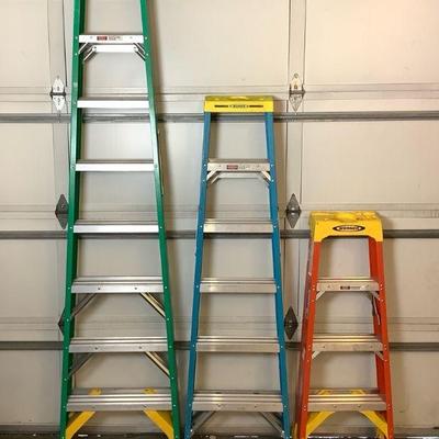 JOSW216 Three Werner Ladders	A trio of Werner ladders. Green ladder is a 8ft ladder, blue ladder is 6ft and the orange laddder is a 4ft...