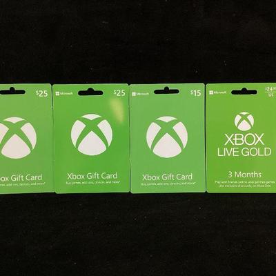 KIHE105 XBox Gift Cards	Three game cards, two $25, one $15. One Xbox Live Gold membership card. Total $90
