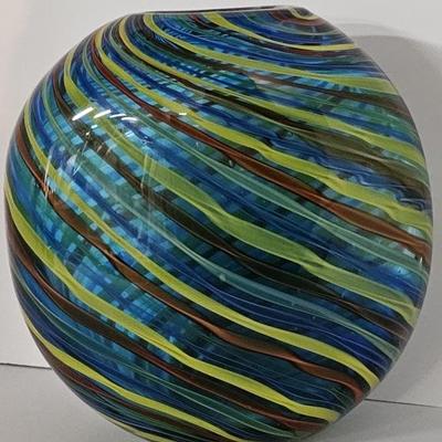 Hand Blown Art Glass Swirl Flat Vase