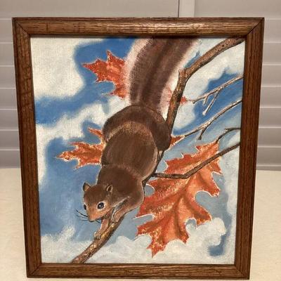 CCS114 Framed Vintage Original Painting Of A Squirrel On Canvas
