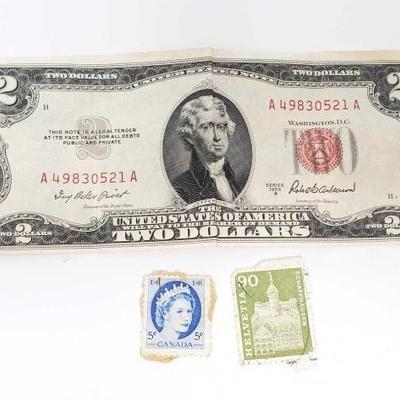 #613 • One 1953 2 Dollar Bill, and 2 Postage Stamps