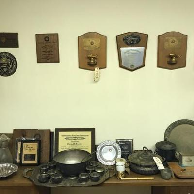 #2290 • Steel Plated Dishes, Clock and Plaques
