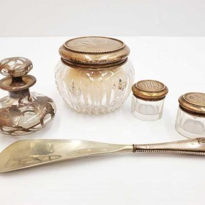 #819 â€¢ Glass Cosmetic Jars with Sterling Silver Tops, Perfume Decatur and More
