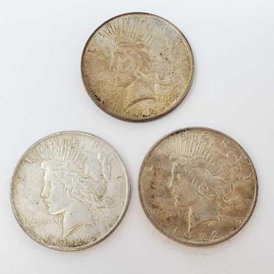 #610 â€¢ 3 1922 Philadelphia Mint Silver Peace Dollars
