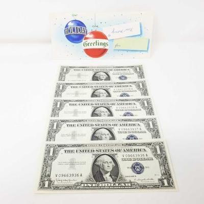 #332 â€¢ 5 Sequential Blue Sealed Dollars Bills
