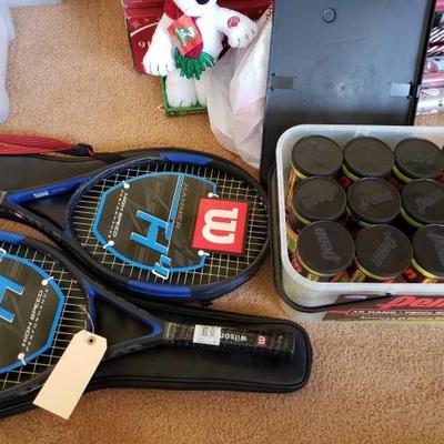 #12066 â€¢ 2 New Wilson H4 Tennis Rackets and Case of 15 Penn Cans of Tennis Balls
