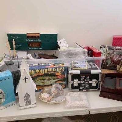 #10042 â€¢ Clocks, Cedar Accesory Mate. Jewelry Boxes, Big Mouth Billy Bass, New in Box Makeup and More
