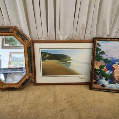 #11510 â€¢ 2 Framed Pieces of Art and Mirror
