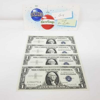 #334 â€¢ 4 Sequential Blue Sealed Dollar Bills
