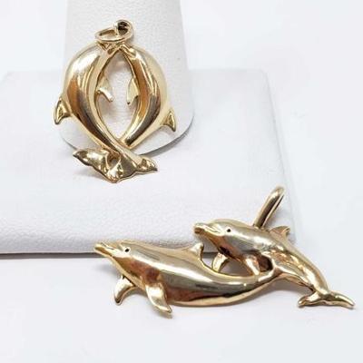 #694 • 2 14k Gold Dolphin Pendants, 6.9g