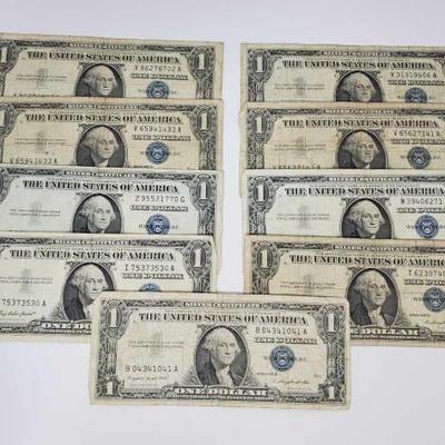 #336 â€¢ 9 Blue Sealed Dollar Bills
