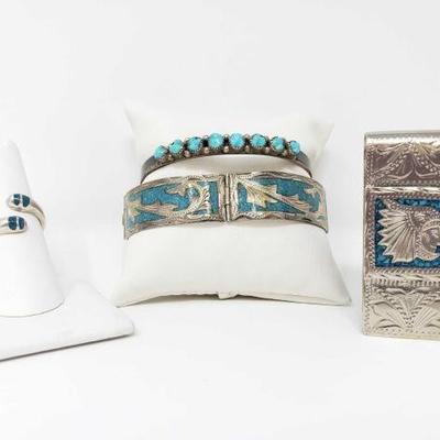 #724 • Sterling Silver And Turquoise Jewelry Set, 71g