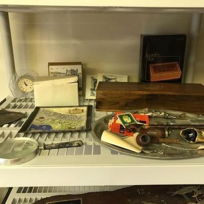 #2288 • Hotel Luggage Labels, Knife Set, Vintage Pipes, Decorative Glass, jewelry Boxes and More