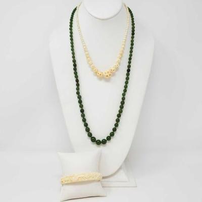 #423 â€¢ Beaded Necklace With Carved Bone Necklace and Bracelet
