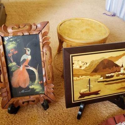 #12074 â€¢ Framed Artwork, 2 Frame Stands, Wooden Box, and More
