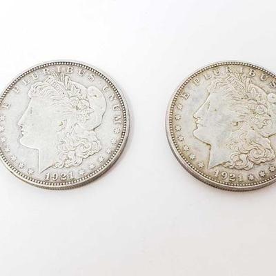 #210 â€¢ 2 1921-D Morgan Silver Dollars

