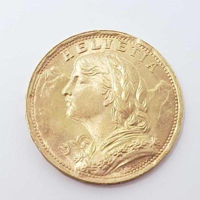 #511 â€¢ 20 Francs Helvetia 1935 .900 Gold Coin, 6.4g
