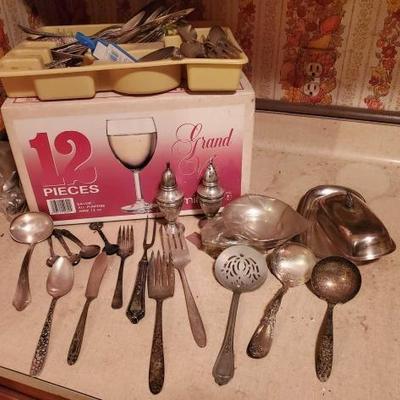 #8656 â€¢ Sterling Silver Salt and Pepper Shakers, Silver Plated Flatware, Wine Glass Set and More
