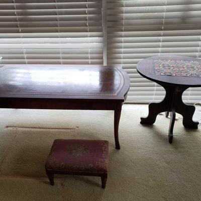 #14500 • Wooden Coffee Table, Wooden End Table, And Foot Stool