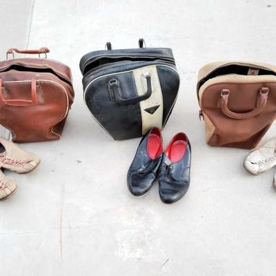 #13052 â€¢ 3 Vintage Bowling Bags With Bowling Balls And Shoes
