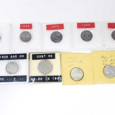 #306 â€¢ 5 1866-1874 Sheild Nickels, 1883 And 1908 V Nickel, And More
