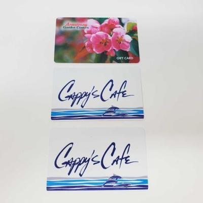 #831 â€¢ 2 Cappy's Cafe Gift Cards, Armstrong Garden Canters Gift Card

