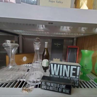 #1020 â€¢ Wine Vases, Las Vegas Flamingos Wine Glasses, Olive Oil, 2 Collector Wine Boxes, 