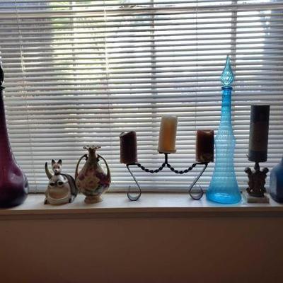 #13028 • 2 Decanters, Candle Holder, And Vases