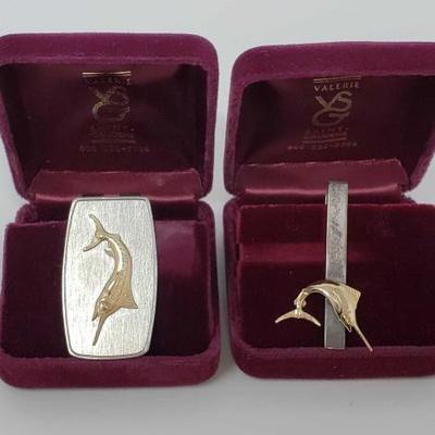 #722 • Sterling Silver And 14k Gold Tie Pin And Money Clip, 29.6g
