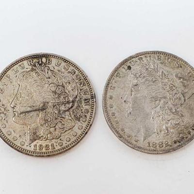 #607 • 1921, and 1882 New Orleans, Philadelphia, Mint Morgan Silver Dollars