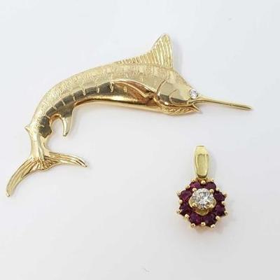 #542 â€¢ 14k Gold Ruby Diamond Pendant, and 14k Gold Diamond Swordfish Pendant, 9g
