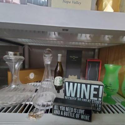 #1020 â€¢ Wine Vases, Las Vegas Flamingos Wine Glasses, Olive Oil, 2 Collector Wine Boxes, "All you need is love......
