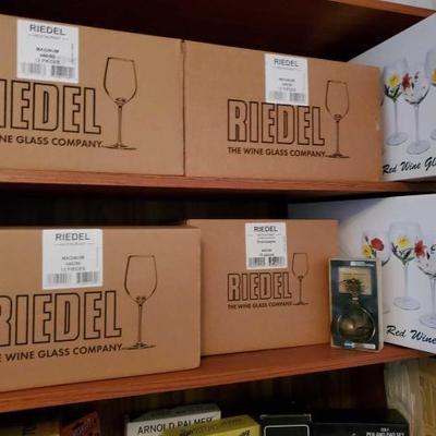 #13036 • Riedel Wine/Champagne Glasses and Wells Painted Wine Glasses