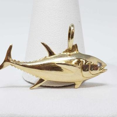 #689 • 14k Gold Tuna Pendant With Diamonds, 7.1g