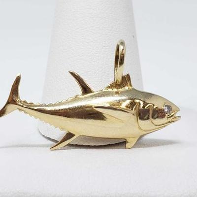 #689 â€¢ 14k Gold Tuna Pendant With Diamonds, 7.1g
