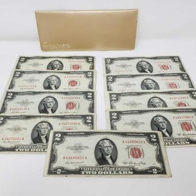 #330 â€¢ 9 Red Sealed $2 Dollar Bills, and A Bank Of America Travelers Cheques Case
