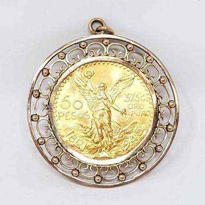#651 â€¢ 14k Gold Pendant W/ .900 Gold 50 Peso Coin, 54.9g

