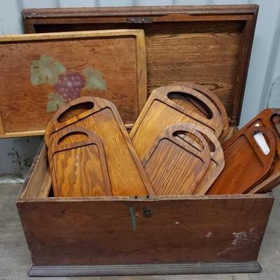 #8002 â€¢ Wooden Chest With 10 Wooden Serving Trays
