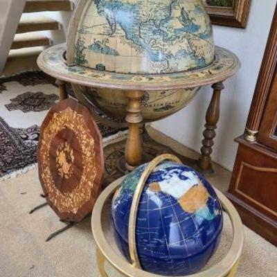 #10070 â€¢ 12â€ Gemstone Globe, 24â€ Globe and Decorative Carved Wood
