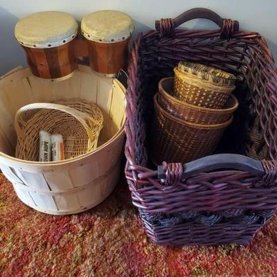 #8510 â€¢ 8 Wooden Woven Baskets, Bongos, and Tie Down Rope
