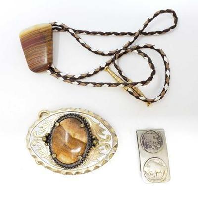 #422 â€¢ Bolo Tie, Belt Buckle, Silver Pin
