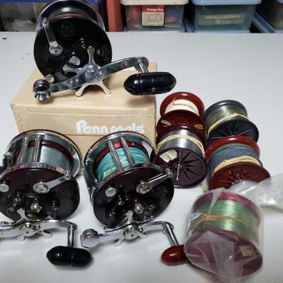 #2344 • 3 Penn Jigmaster Reels and and 5 Spools of Wire