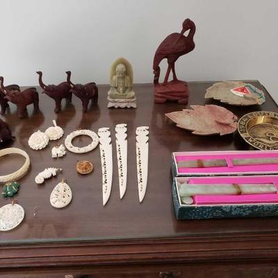 #2218 â€¢ Wooden Elephant and other Animal Statues, Jade Statues and Chop Sticks
