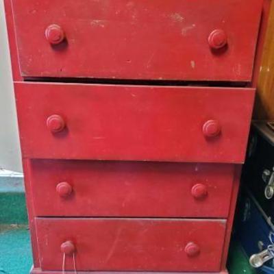 #13554 â€¢ Red Dresser with Assorted Tools, Gloves and More
