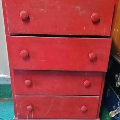 #13554 • Red Dresser with Assorted Tools, Gloves and More