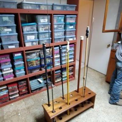 #2308 • 5 Fishing Poles, 1 Spear, Pole Holder